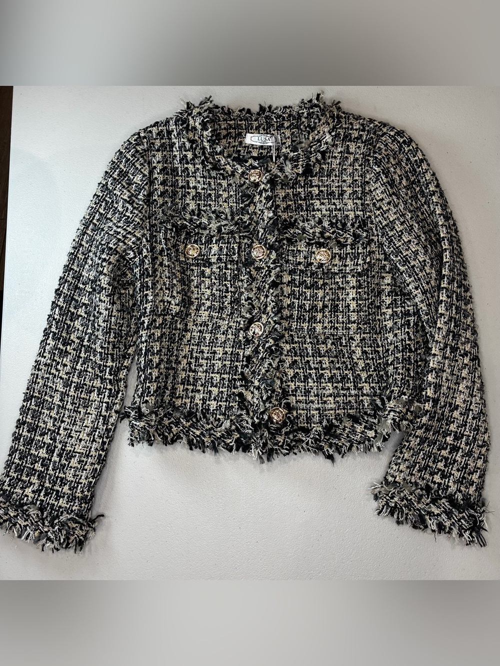 Women's LUSA Paris Black/Cream/Gold Tweed Frayed Edge Cropped Blazer - size S/M - Picture 7 of 12